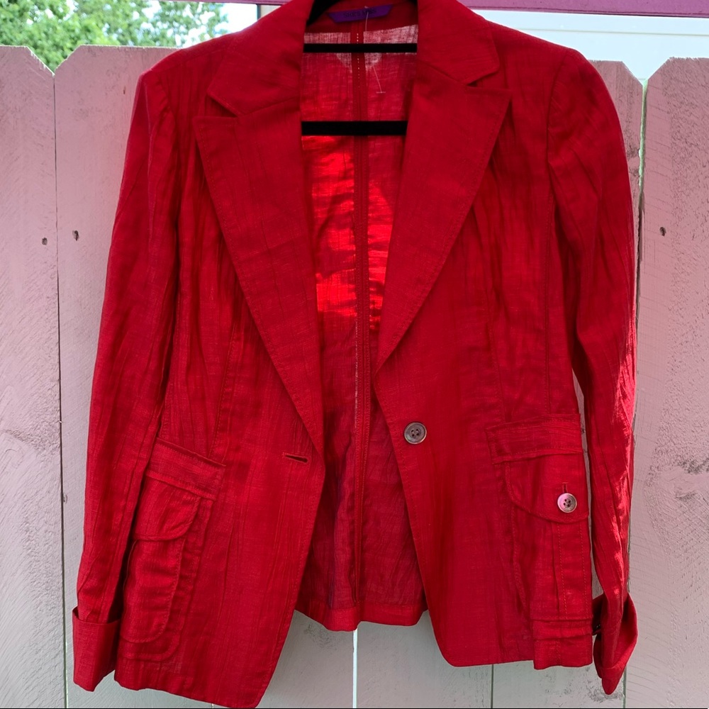 Red satin blazer. Great with jeans and heels.